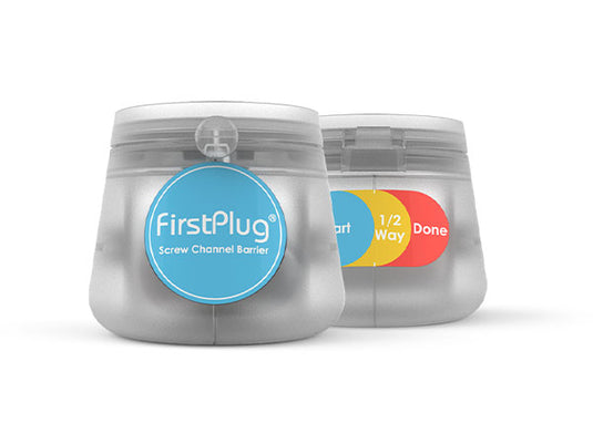 FirstPlug® Screw Channel Barrier container: front and back view