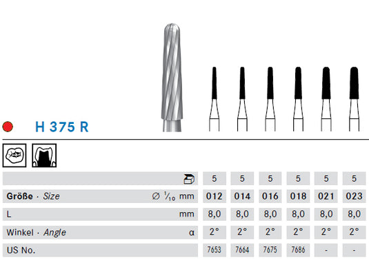 H375R carbide finishing bur with 12 blades details and sizes chart