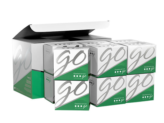 Multiple boxes of opalescence go products stacked on a white background