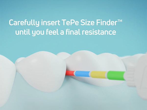 Chargez l'image dans la visionneuse de la galerie, A close-up of a white tooth with a colorful size-finder tool inserted between the teeth, alongside the text 'Carefully insert TePe Size Finder until you feel a final resistance' on a light blue background.