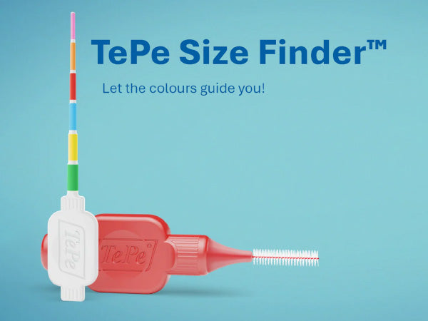 Chargez l'image dans la visionneuse de la galerie, TePe Size Finder toy with a red applicator bottle, white size marker, and a multicolored size guide stick on a light blue background with text 'TePe Size Finder' and 'Let the colours guide you!'.