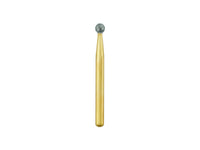 A close-up of a 018 round dental bur featuring a gold shank and a spherical, abrasive tip