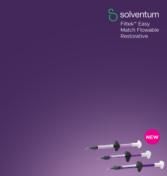 Three dental restorative syringes with Solventum branding on a purple background