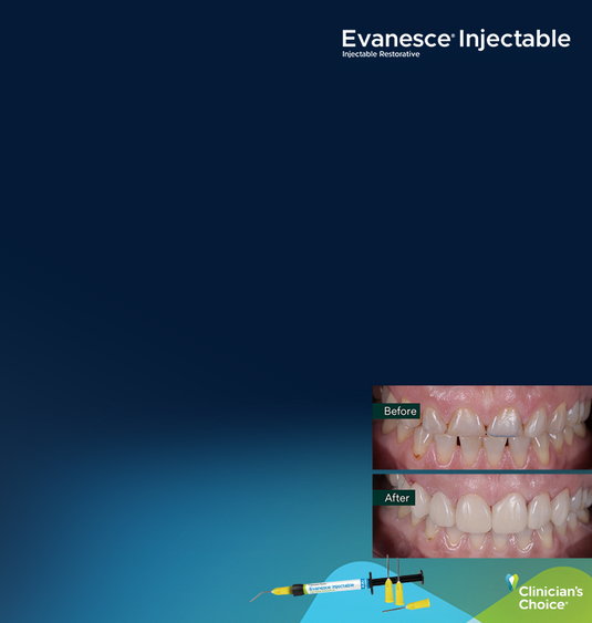 Mobile graphic for Evanesce Injectable composite resin showing before and after anterior restoration results.
