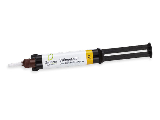 Syringeable dual-cure resin inometer with Geristore branding on a white background