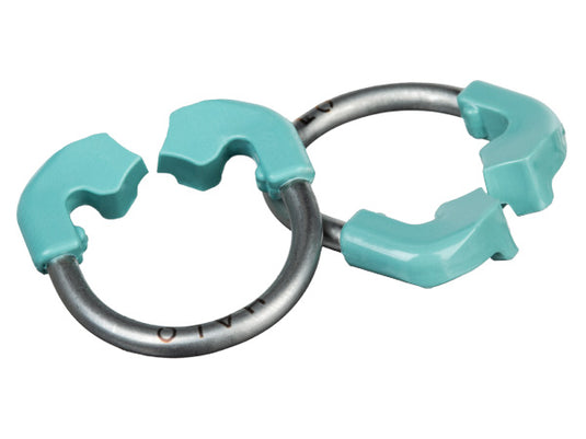 Two Halo Sectional Matrix System small rings with teal plastic bases interlocking on a white background.