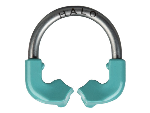Load image into Gallery viewer, Front view of the Halo Sectional Matrix System small ring with a teal plastic base and metal ring body.
