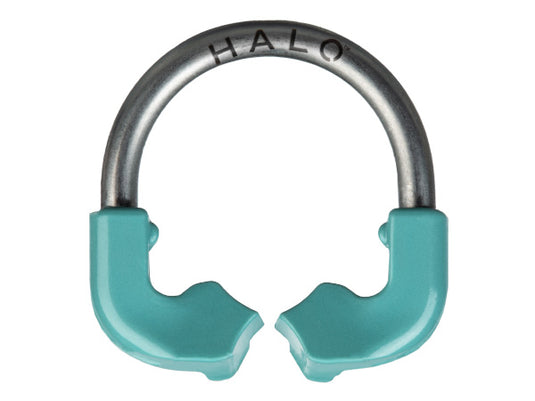 Front view of the Halo Sectional Matrix System small ring with a teal plastic base and metal ring body.