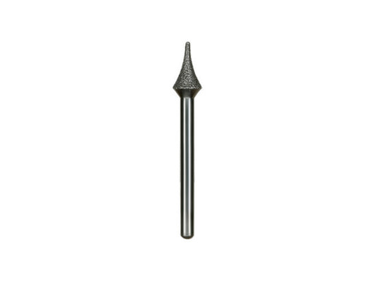 A close-up of a narrow, diamond-coated Calla Lily dental bur on a white background.