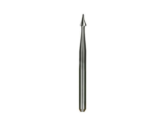 A close-up of a narrow Calla Lily fissurotomy carbide dental bur on a white background.