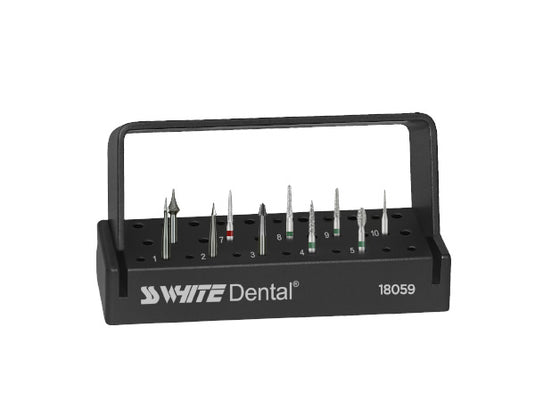 SS White Dental Calla Lily Fissurotomy Class I and II preparation kit bur block on a white background.