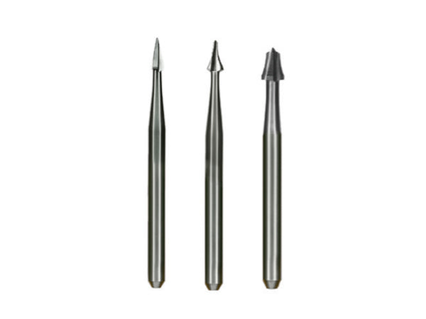 Load image into Gallery viewer, A close-up of three Calla Lily fissurotomy carbide dental burs lined up side by side on a white background.
