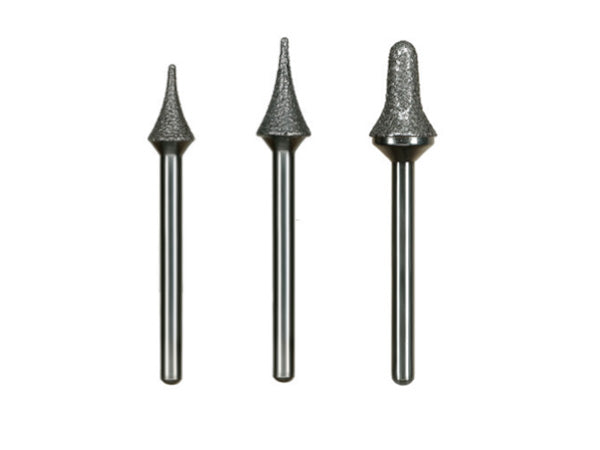 Load image into Gallery viewer, A close-up of three diamond-coated Calla Lily dental burs lined up side by side on a white background.
