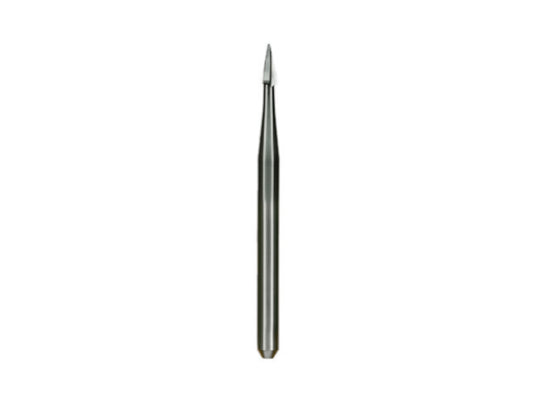 A close-up of a super narrow Calla Lily fissurotomy carbide dental bur on a white background.
