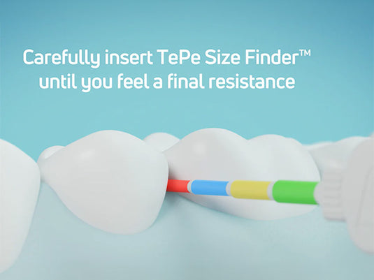 A close-up of a white tooth with a colorful size-finder tool inserted between the teeth, alongside the text 'Carefully insert TePe Size Finder until you feel a final resistance' on a light blue background.