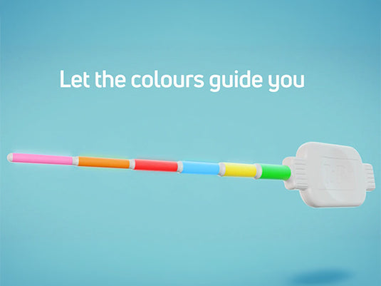 A multicolor plastic test strip with a white plastic end cap, floating on a light blue background with the text 'Let the colours guide you'.