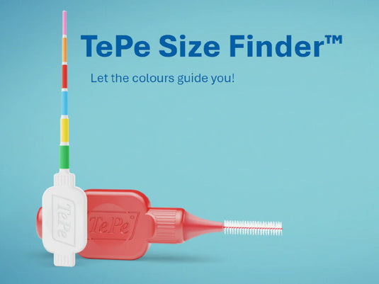 TePe Size Finder toy with a red applicator bottle, white size marker, and a multicolored size guide stick on a light blue background with text 'TePe Size Finder' and 'Let the colours guide you!'.