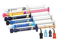 Collection of dental adhesive and composite materials in various colors on a white background
