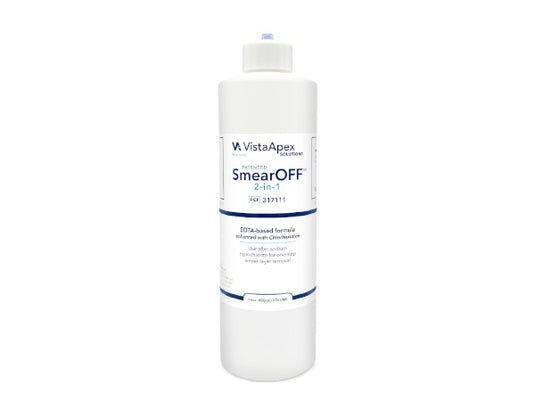A white plastic bottle of VistaApex SmearOff 2-in-1 ethanol and chlorhexidine formula, featuring a white cap and a white label with blue text and borders, set against a plain white background.